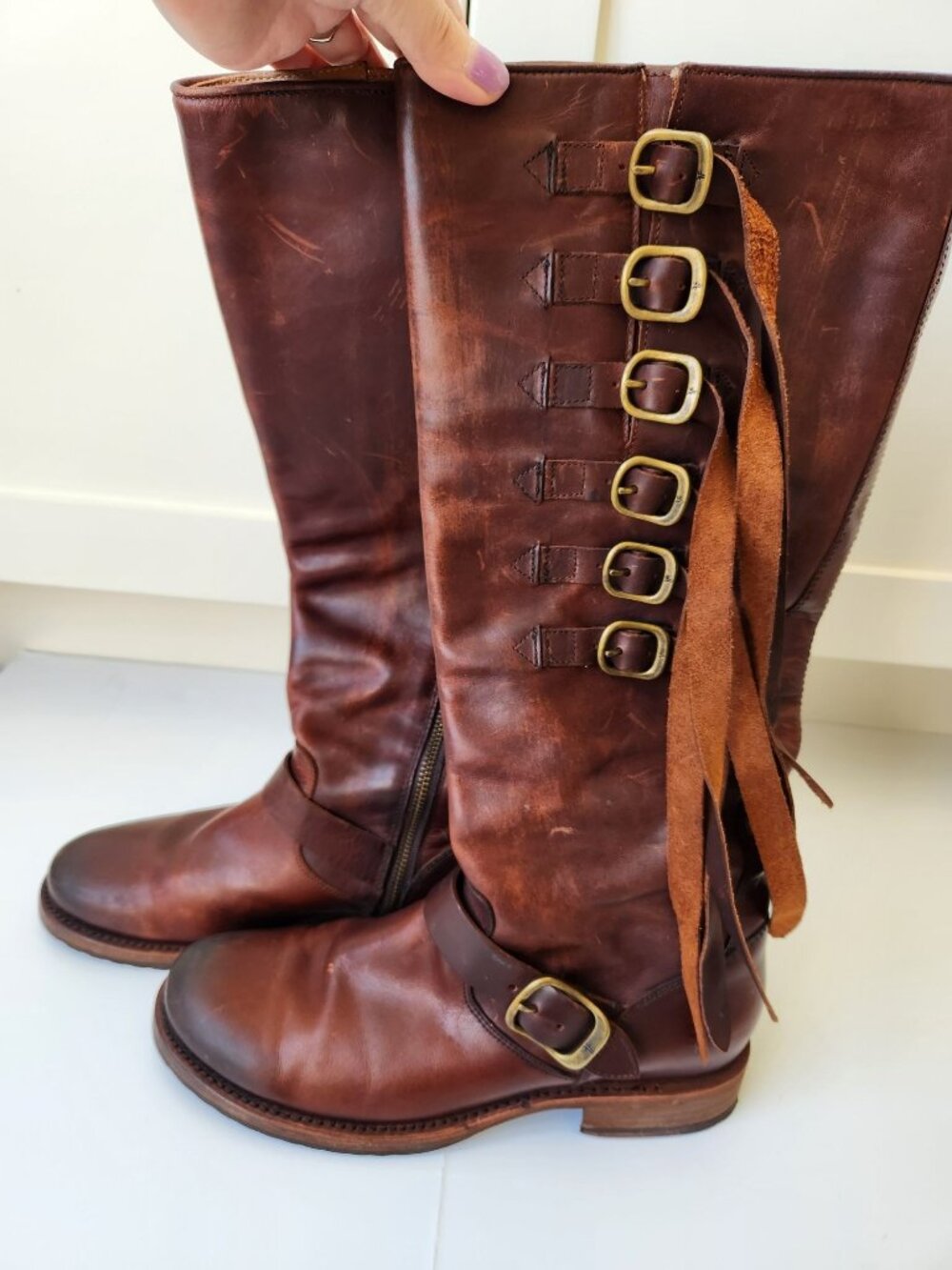 Frye Veronica Strap Brown Leather Tall Riding Boots Boho Western Festival Folk - Picture 3 of 10